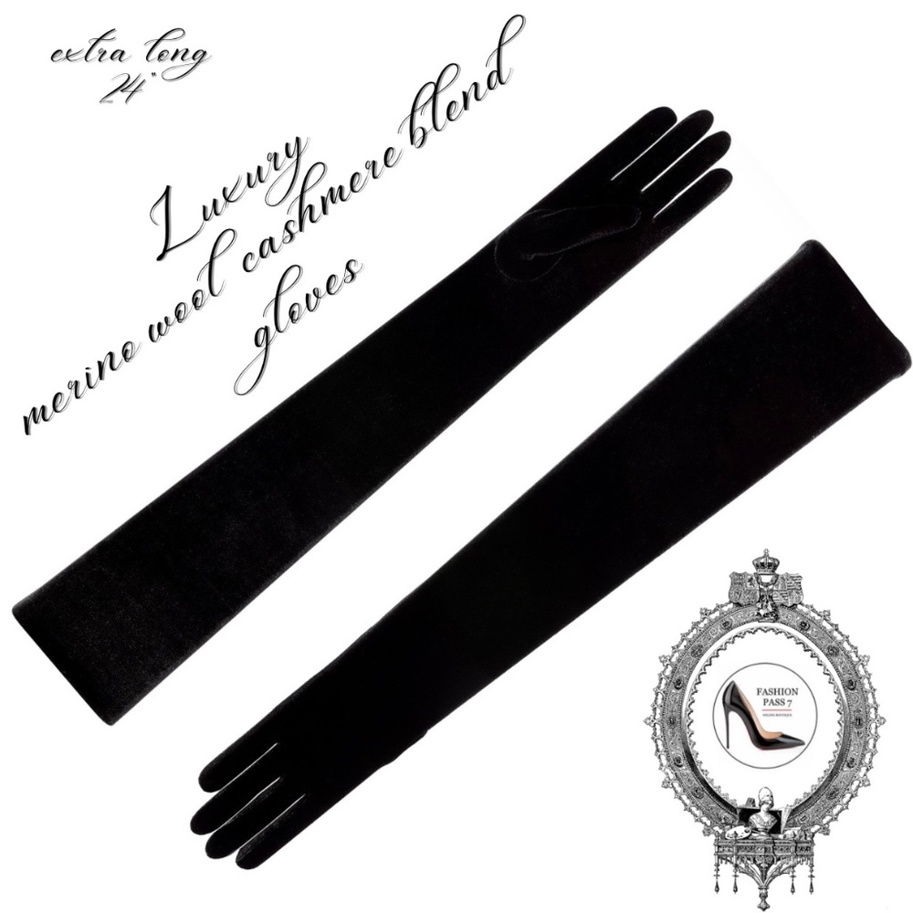 24” Long Luxury Cashmere Merino Wool Glove Classic Black Opera Winter Warm Glove